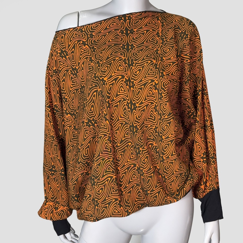 Orange & Black Psychedelic Print Boat Neck Dolman Sleeve Top Womens L (One Size)